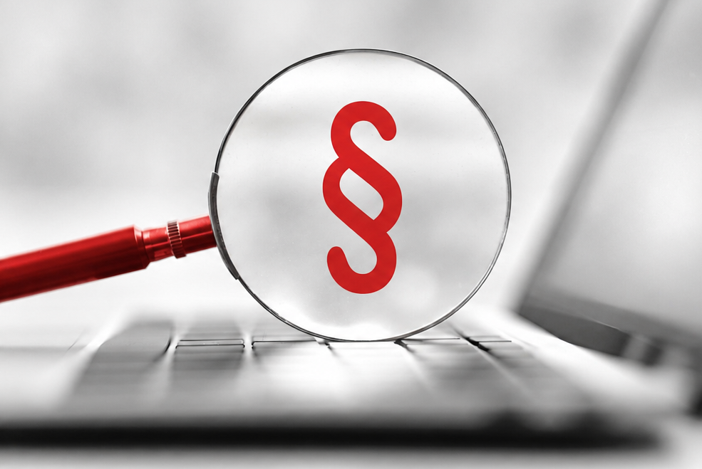 EIn Paragraphen-Symbol hinter einer Lupe vor einem offenen Laptop